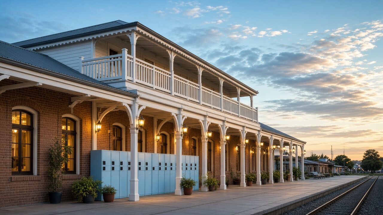 Renovated brick station with a white gallery, pale-blue lockers on the platform and tracks at dusk.