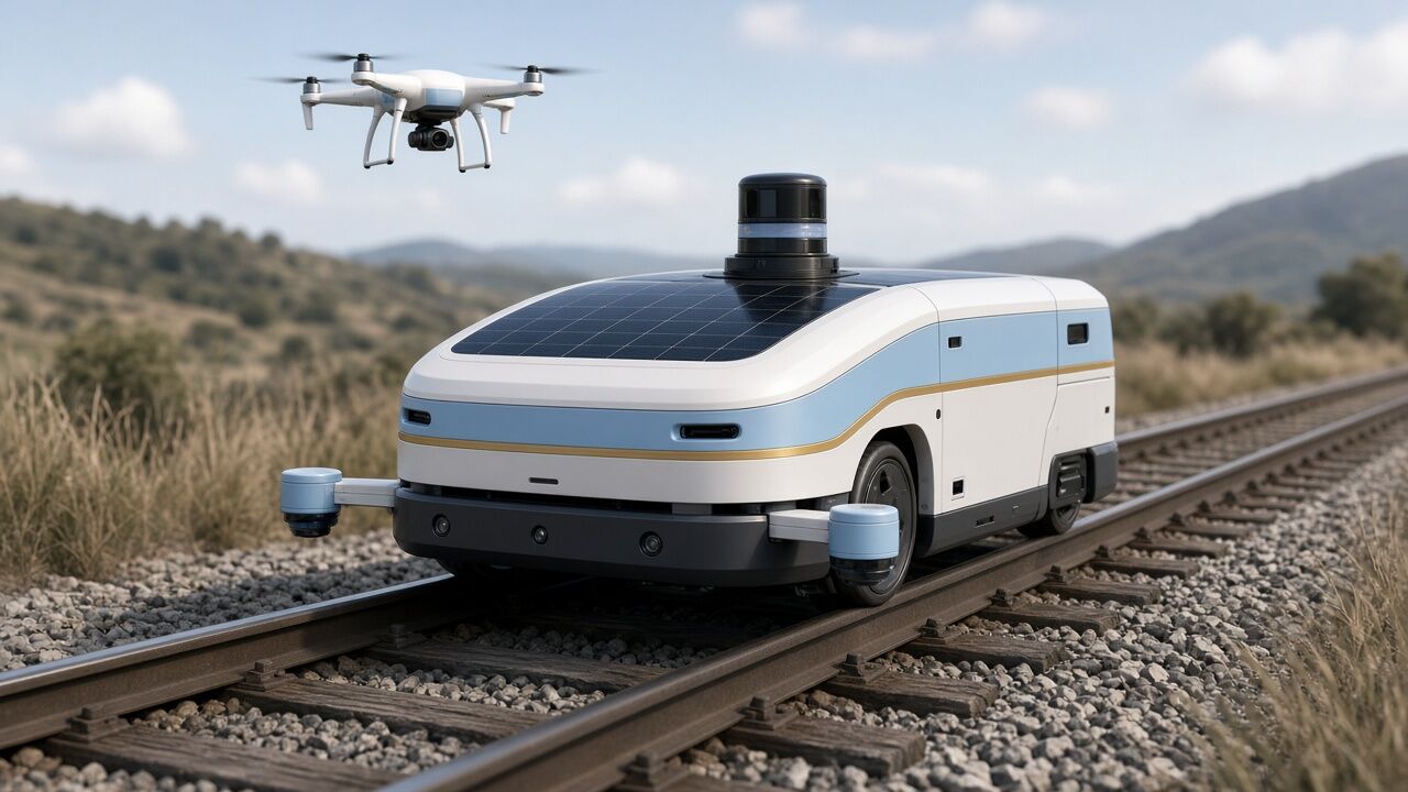 White and pale-blue inspection robot on the track with a solar panel and LiDAR sensor, a drone flying above.